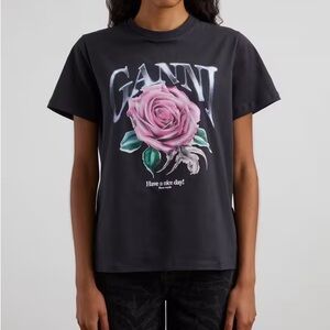 Ganni Black Tee with Pink Rose Graphic